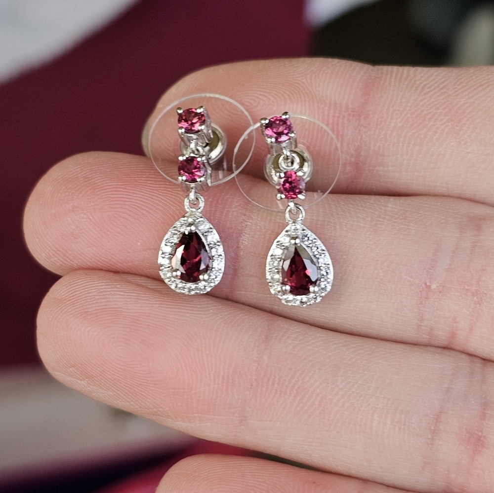 Tanzanian Wine Garnet & White Zircon Earrings in Rhodium & Sterling Silver 2 Cts - Picture 5 of 8